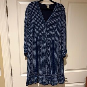 Women's Blue Patterned V-Neck Long Sleeved Dress with Embroidery